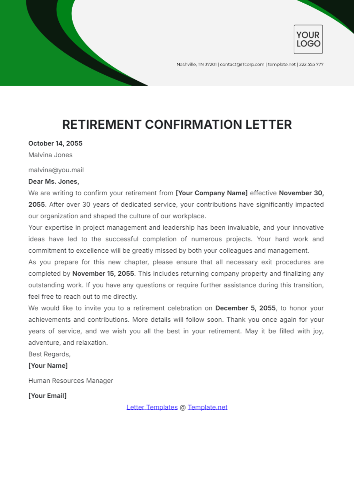 Retirement Confirmation Letter Template - Edit Online & Download