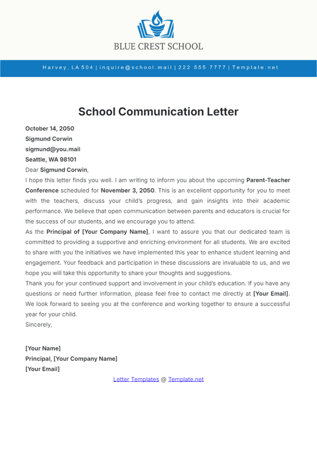 School Communication Letter Template - Edit Online & Download