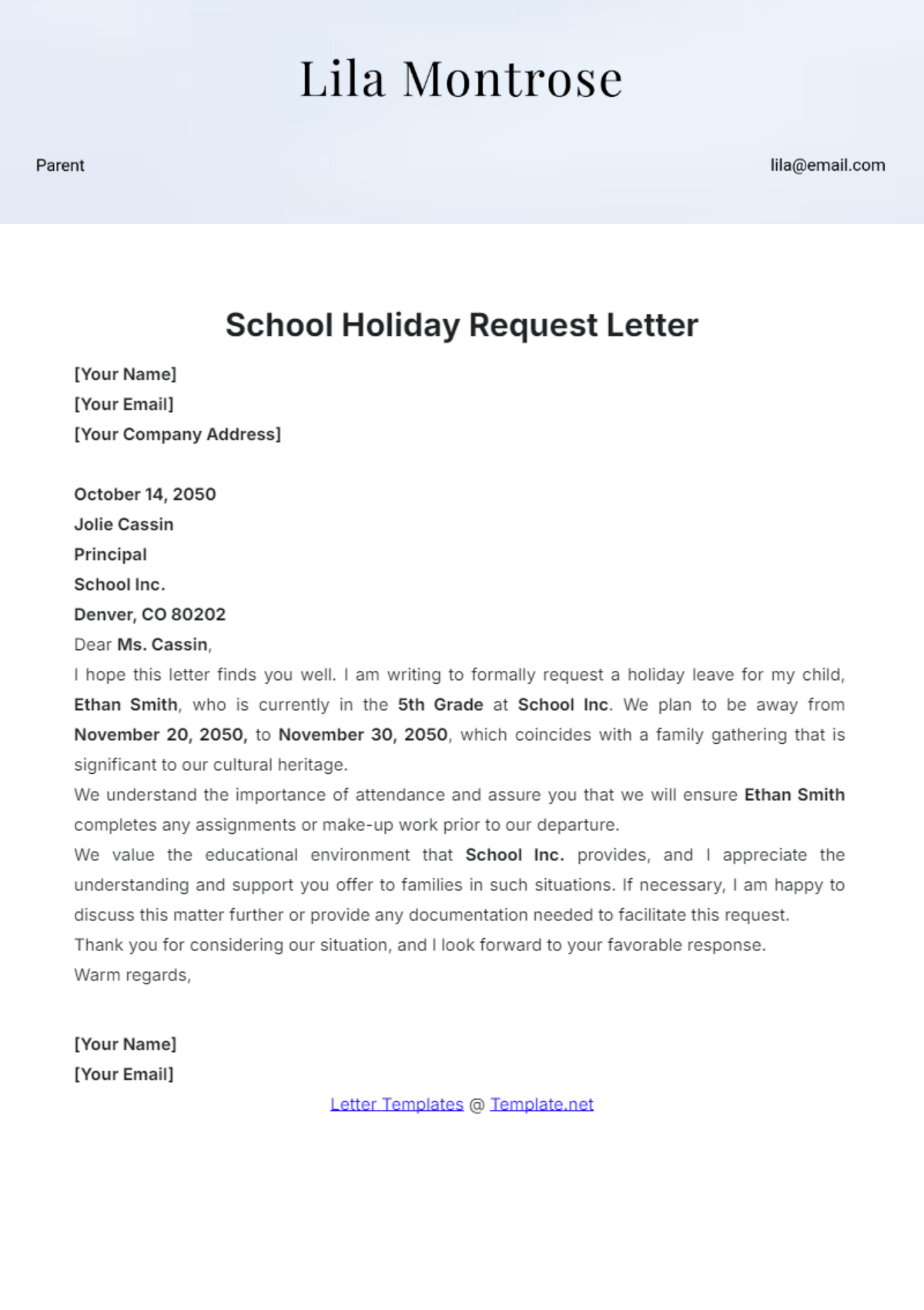 School Holiday Request Letter Template - Edit Online & Download