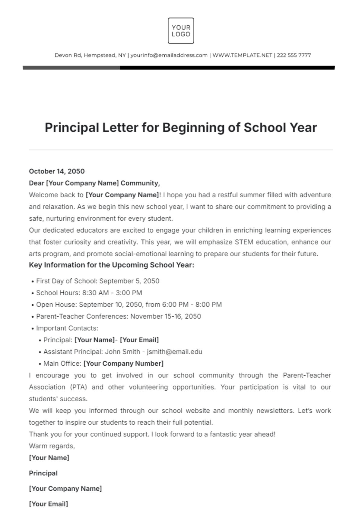 Principal Letter for Beginning of School Year Template - Edit Online & Download