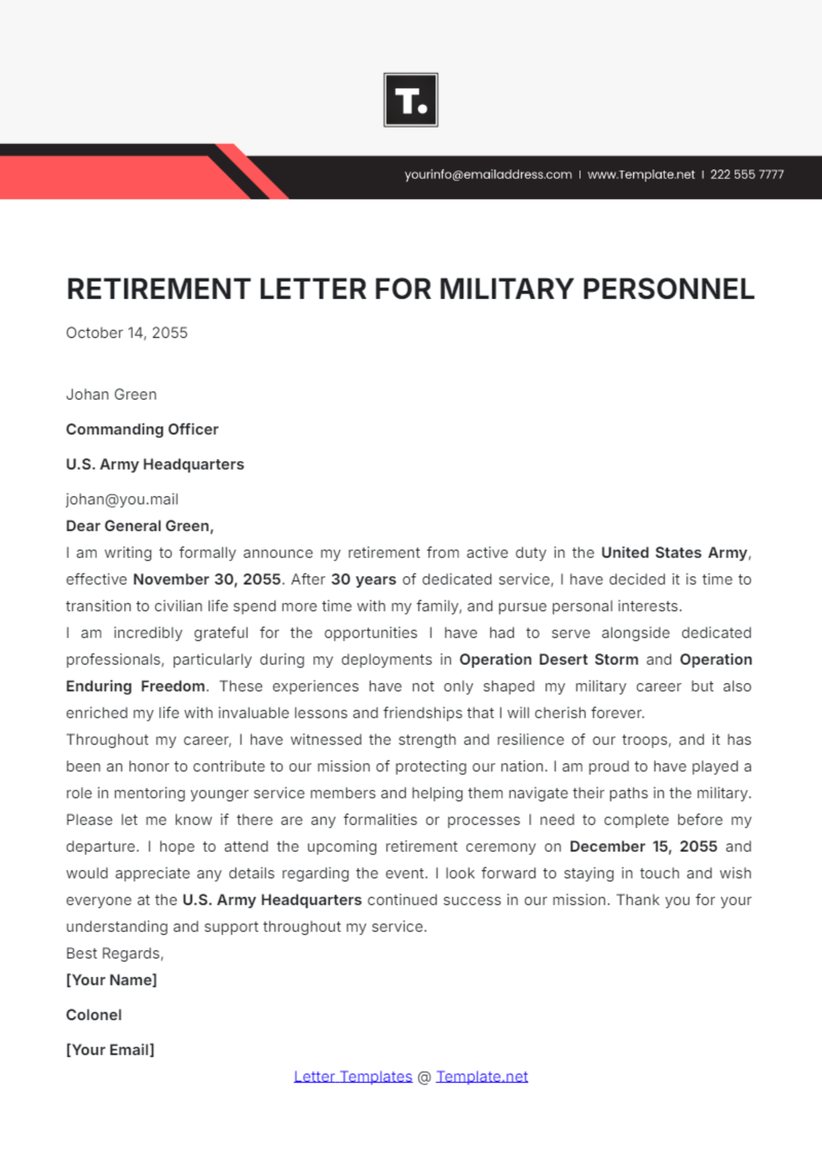 Retirement Letter for Military Personnel Template - Edit Online & Download