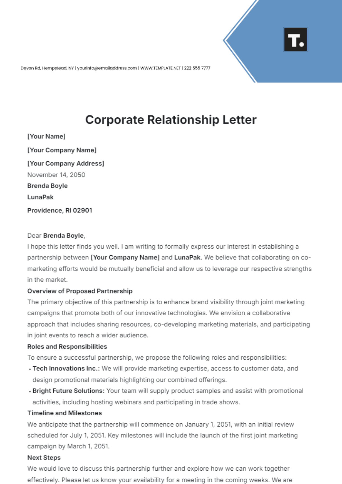 Corporate Relationship Letter Template - Edit Online & Download