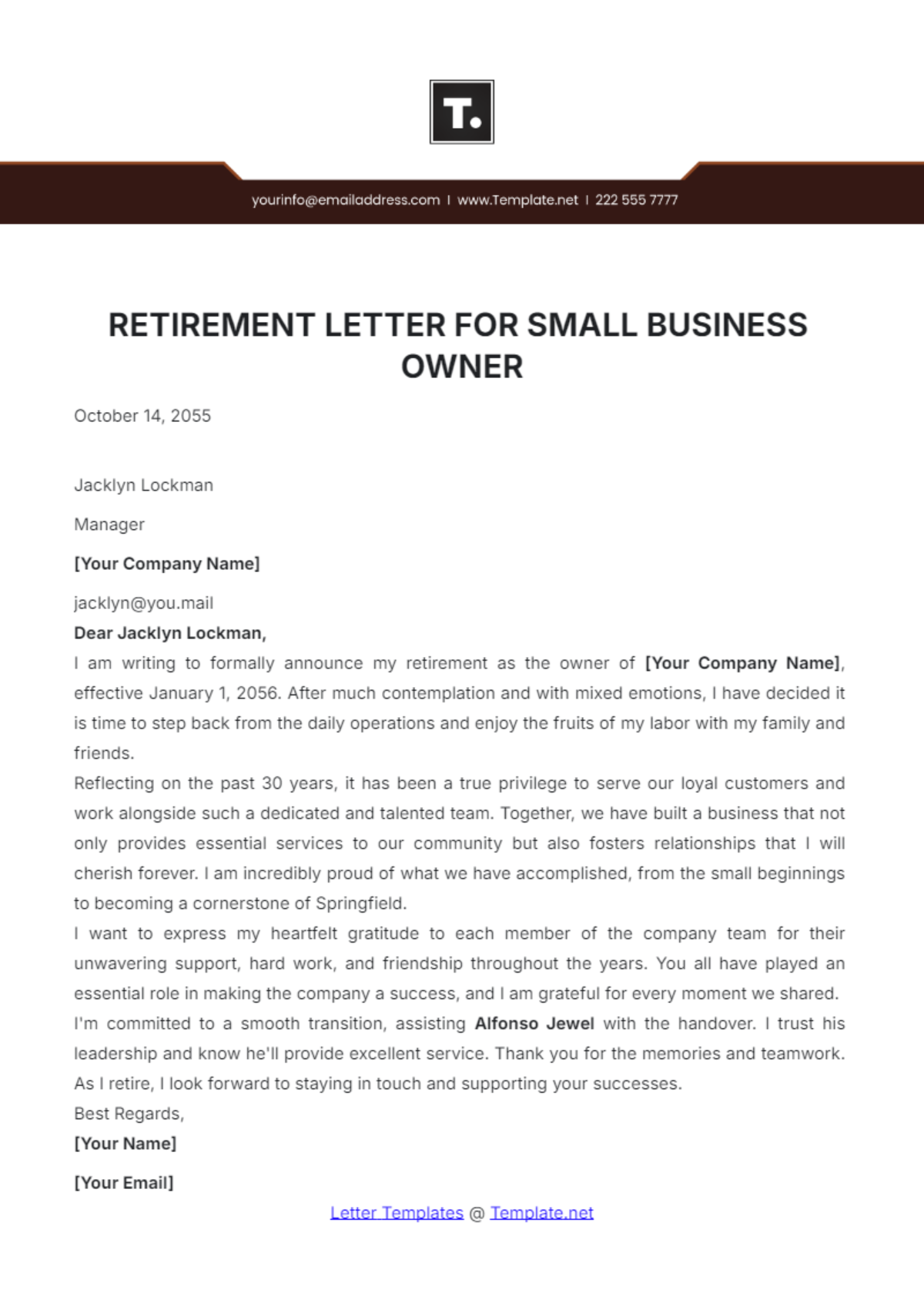 Retirement Letter for Small Business Owner Template - Edit Online & Download