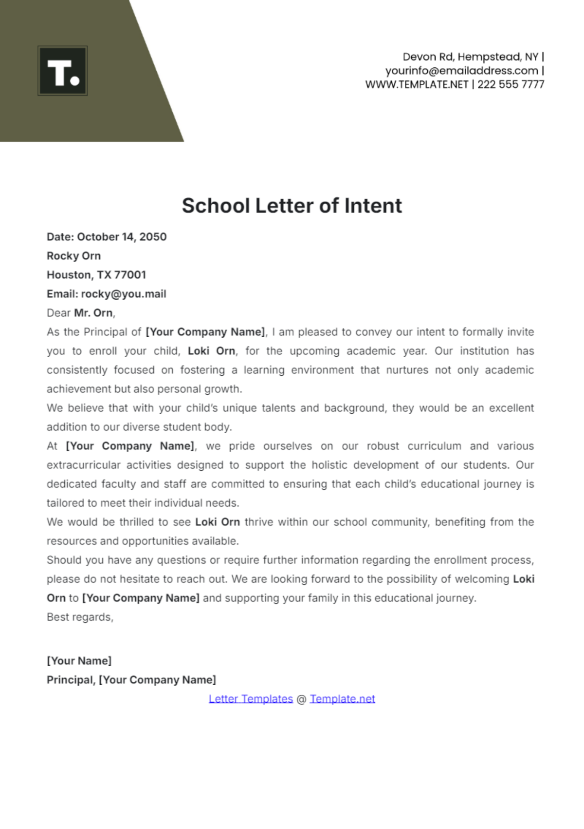 School Letter of Intent Template - Edit Online & Download