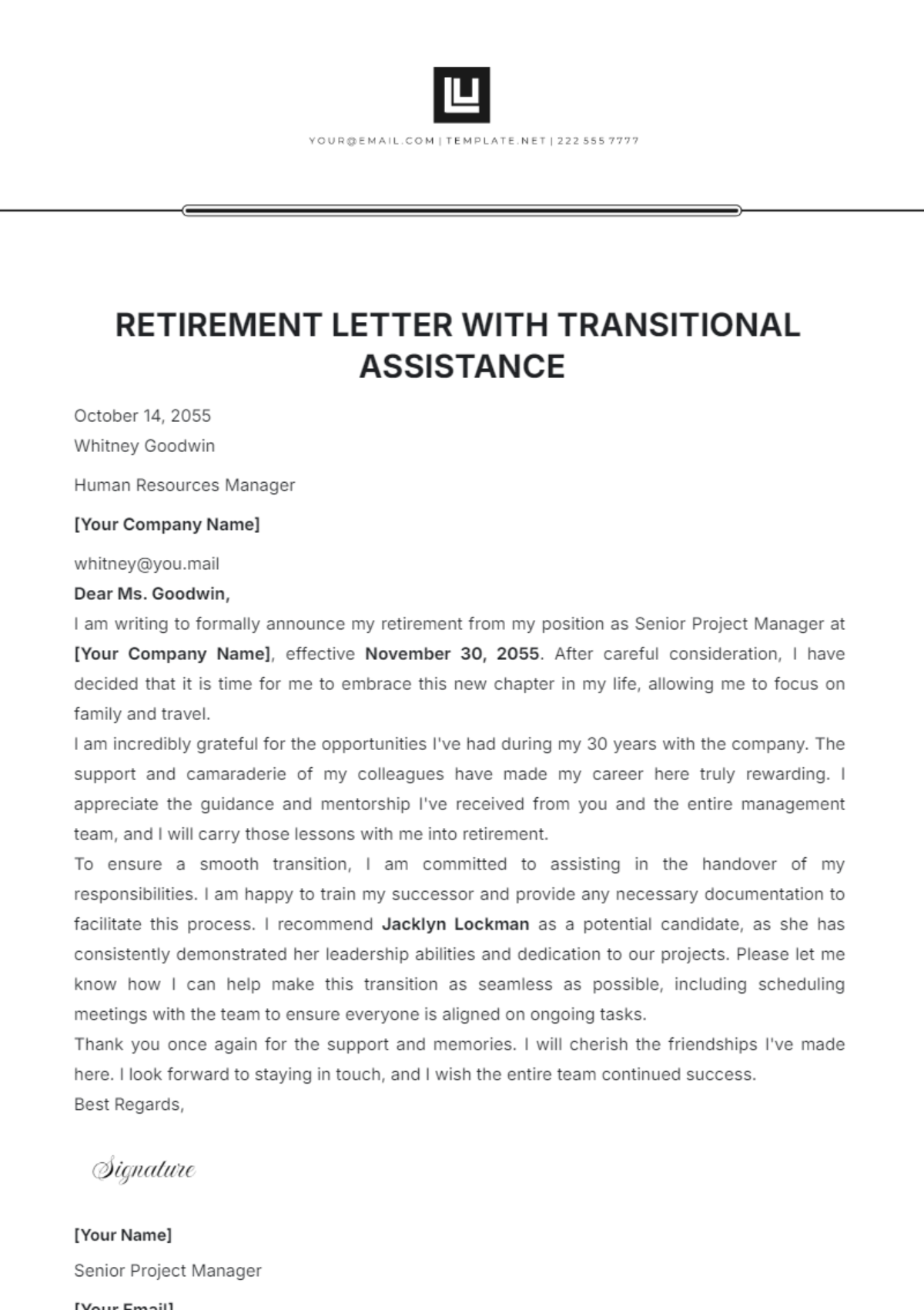 Retirement Letter with Transitional Assistance Template - Edit Online & Download