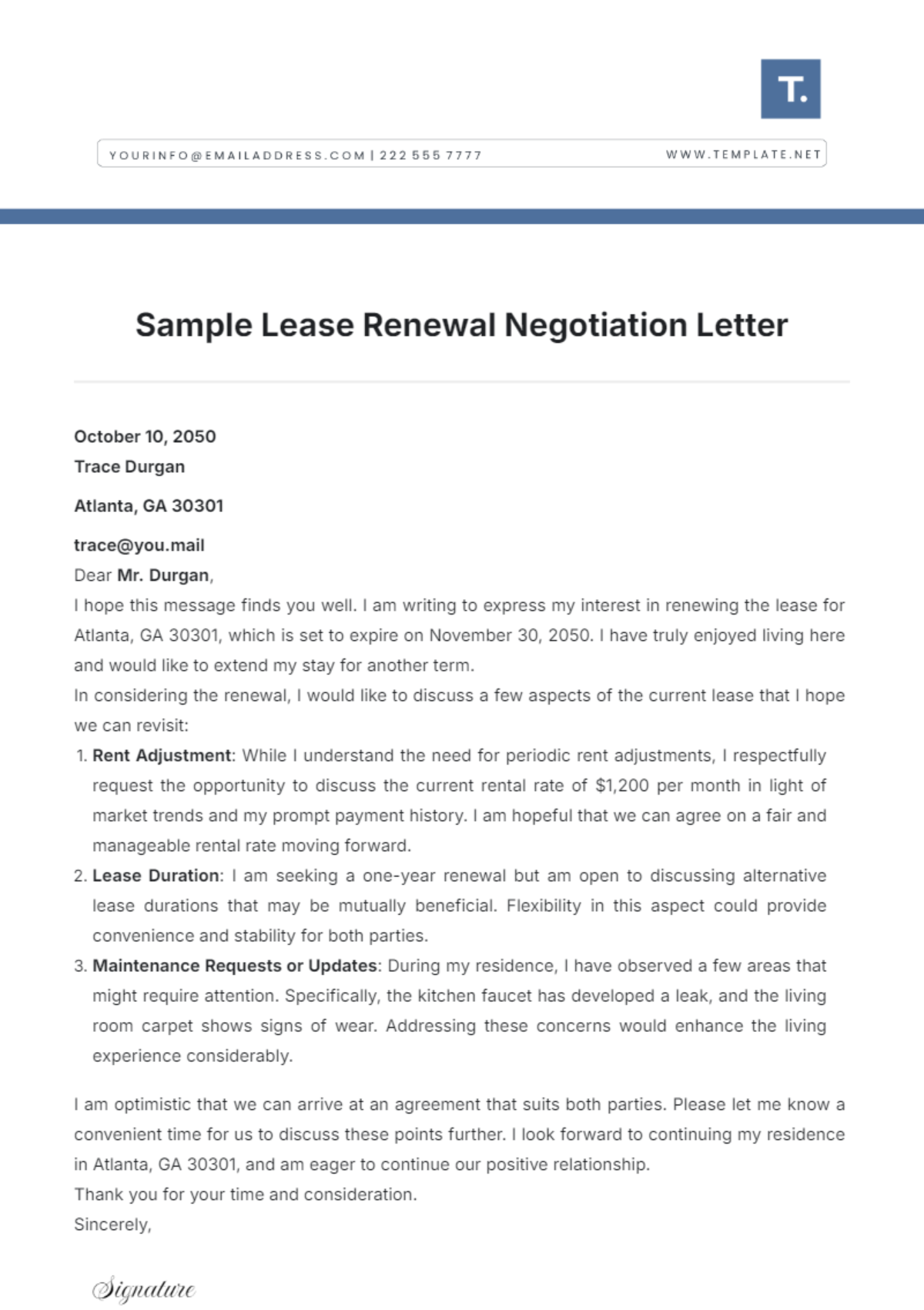 Sample Lease Renewal Negotiation Letter Template - Edit Online & Download