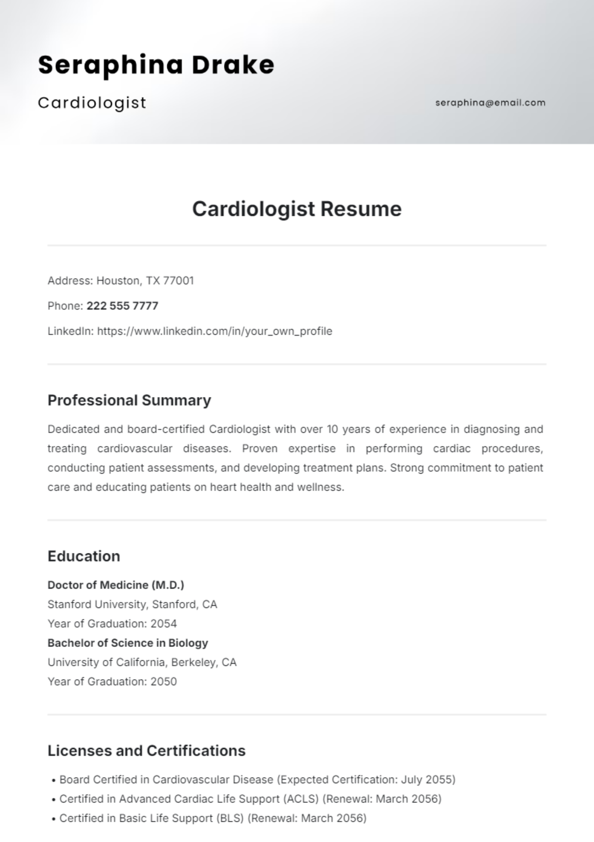 Cardiologist Resume Template - Edit Online & Download