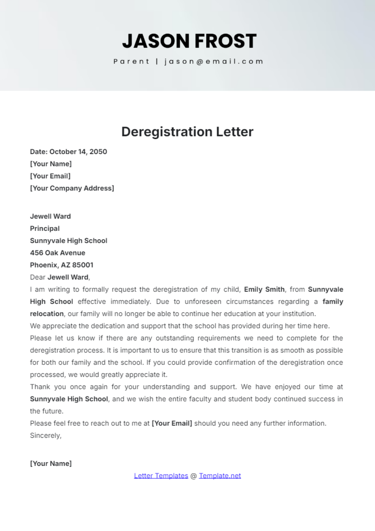 School Deregistration Letter Template - Edit Online & Download