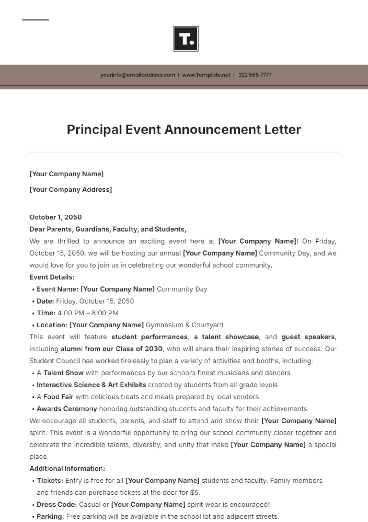 Principal Event Announcement Letter Template - Edit Online & Download