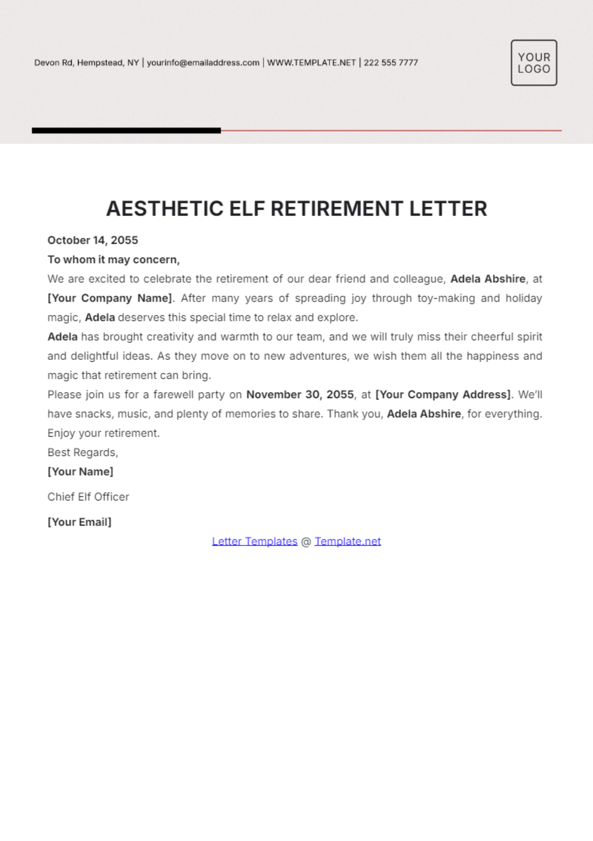 Aesthetic Elf Retirement Letter Template - Edit Online & Download