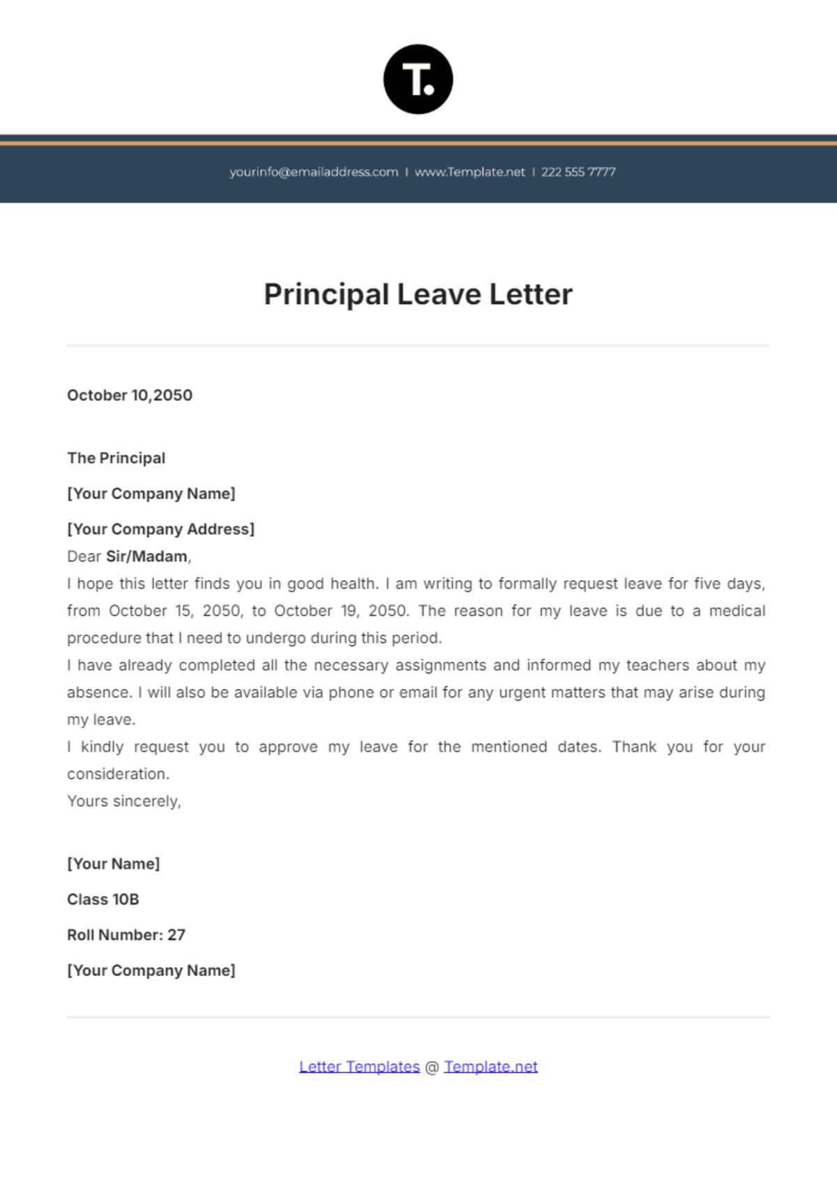 Principal Leave Letter Template - Edit Online & Download