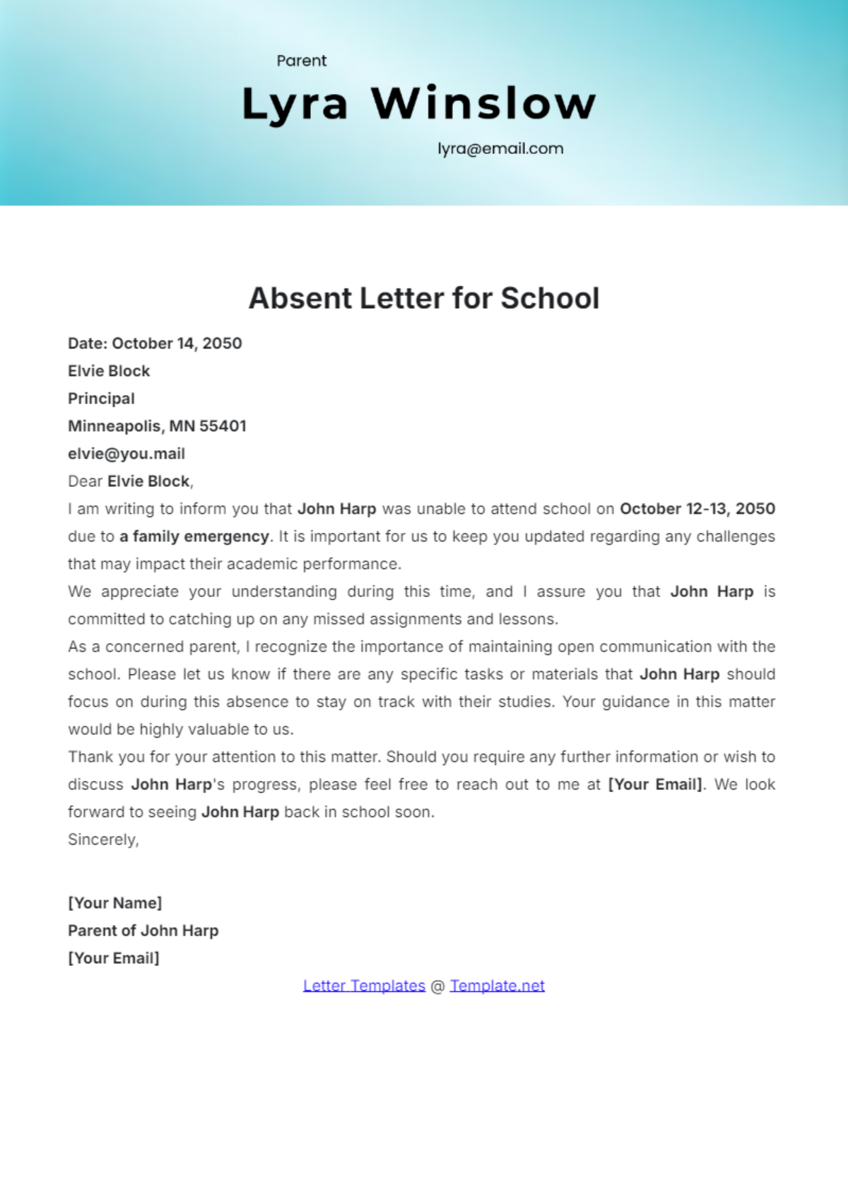 Absent Letter for School Template - Edit Online & Download