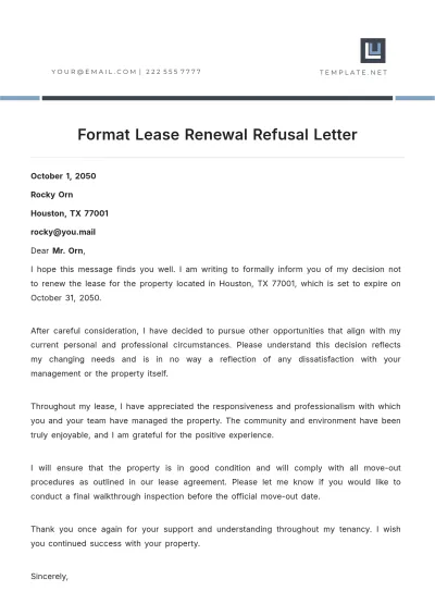 Free Format Lease Renewal Refusal Letter Template to Edit Online
