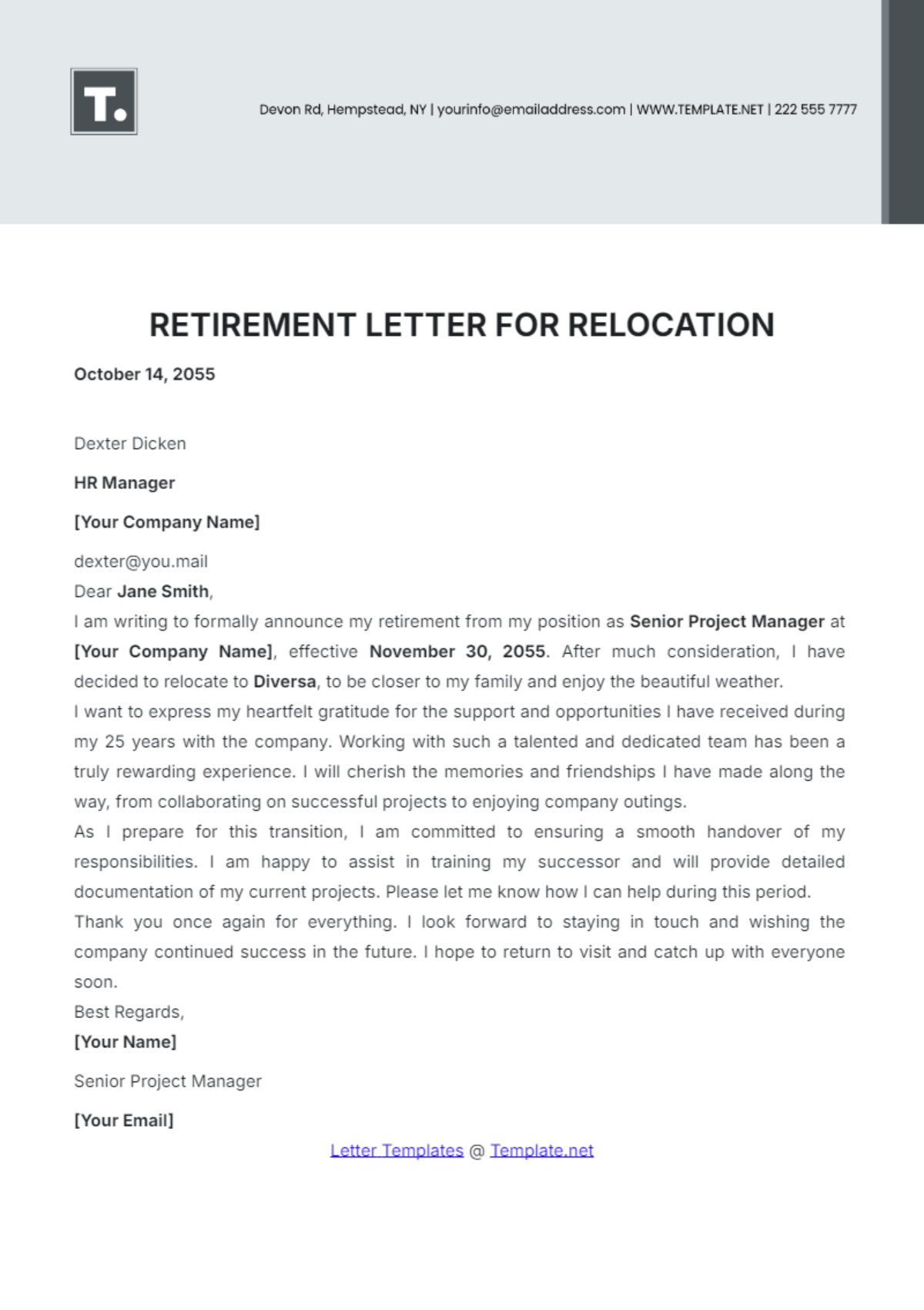 Retirement Letter for Relocation Template - Edit Online & Download