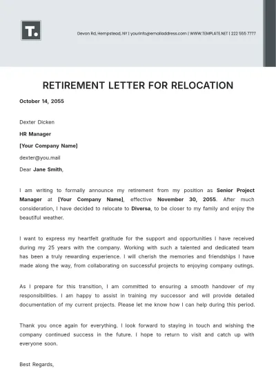 Free Retirement Letter for Relocation Template to Edit Online