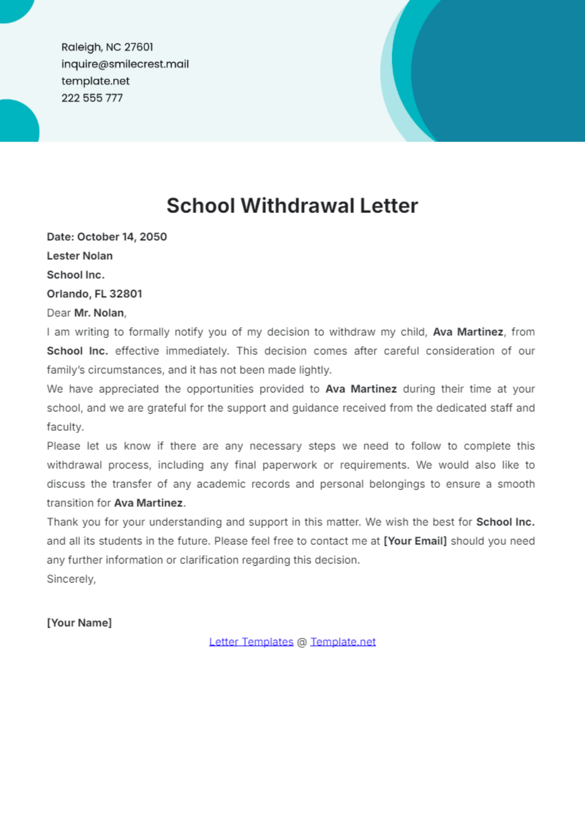 School Withdrawal Letter Template - Edit Online & Download