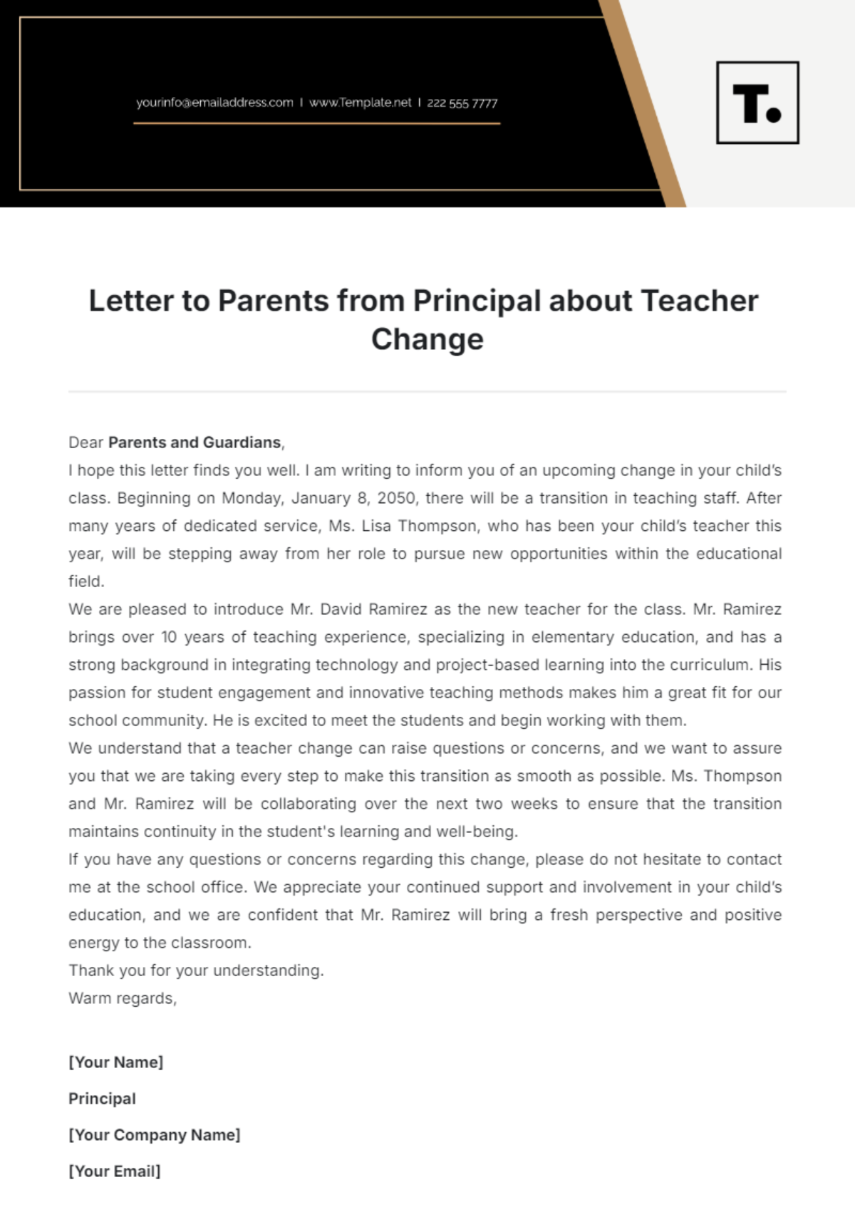 Letter to Parents from Principal about Teacher Change Template - Edit Online & Download