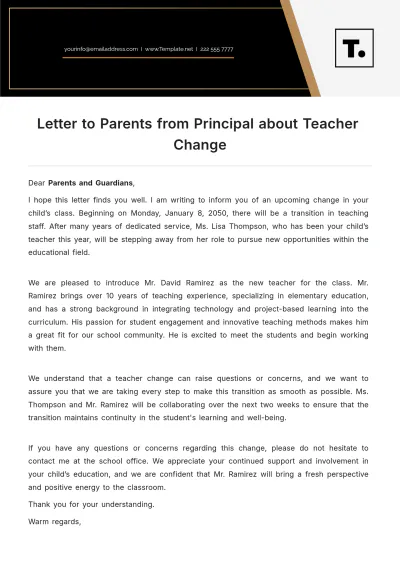 Free Letter to Parents from Principal about Teacher Change Template to Edit Online