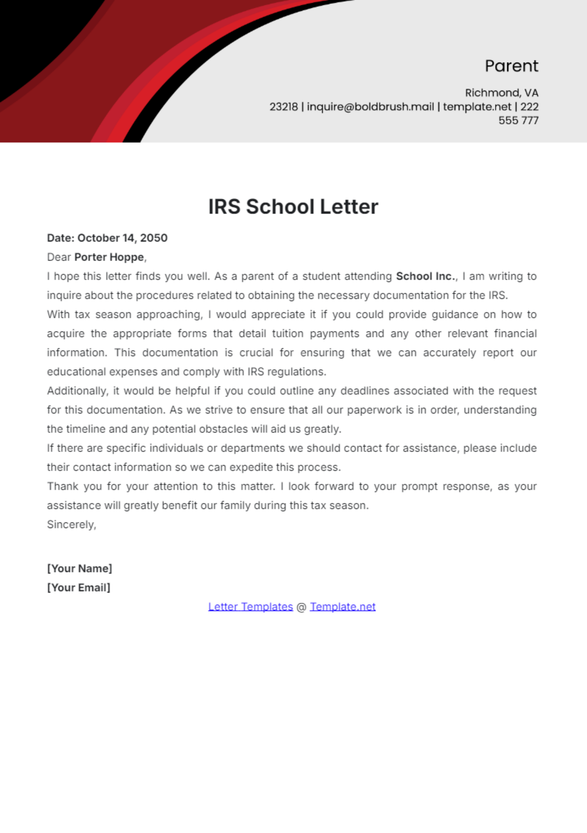 IRS School Letter Template - Edit Online & Download