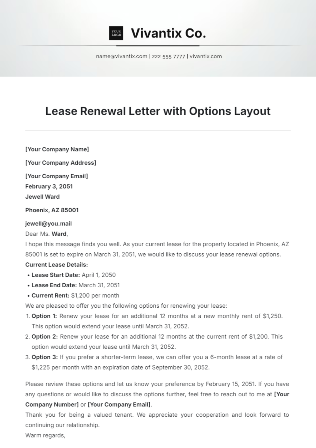 Lease Renewal Letter with Options Layout Template - Edit Online & Download