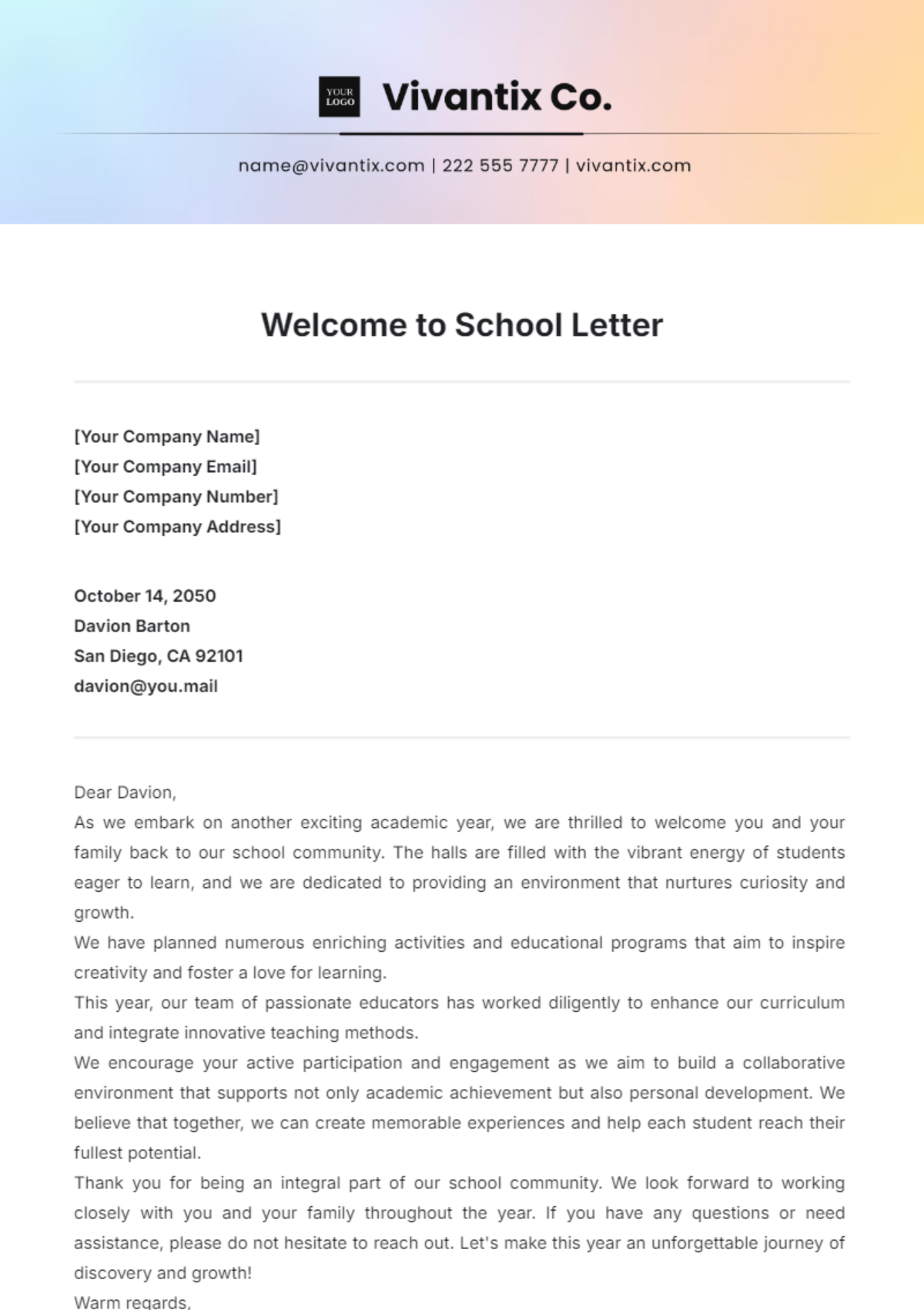 Aesthetic Welcome to School Letter Template - Edit Online & Download