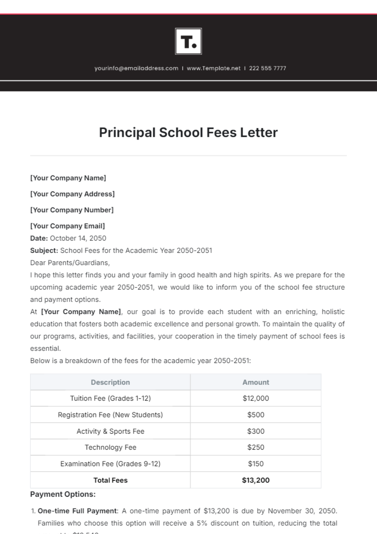 Principal School Fees Letter Template - Edit Online & Download