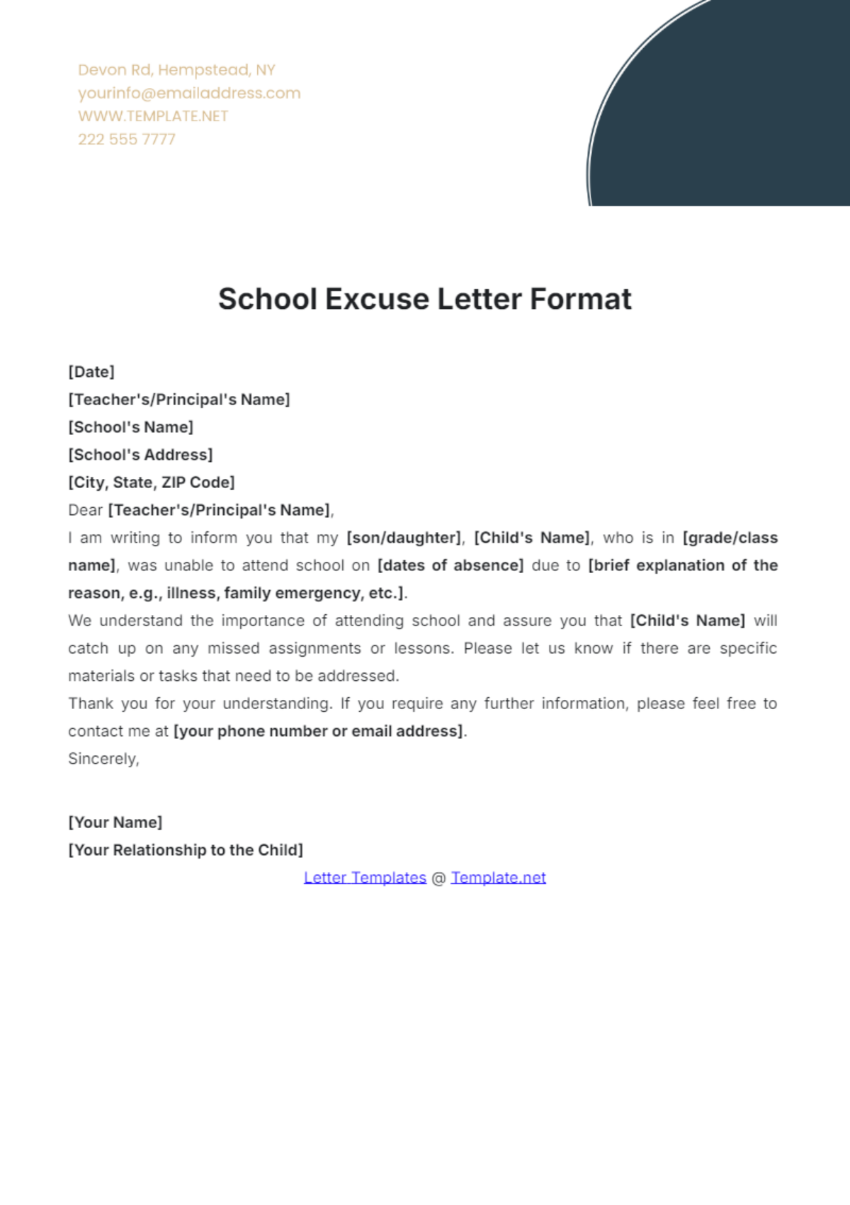 School Excuse Letter Format Template - Edit Online & Download