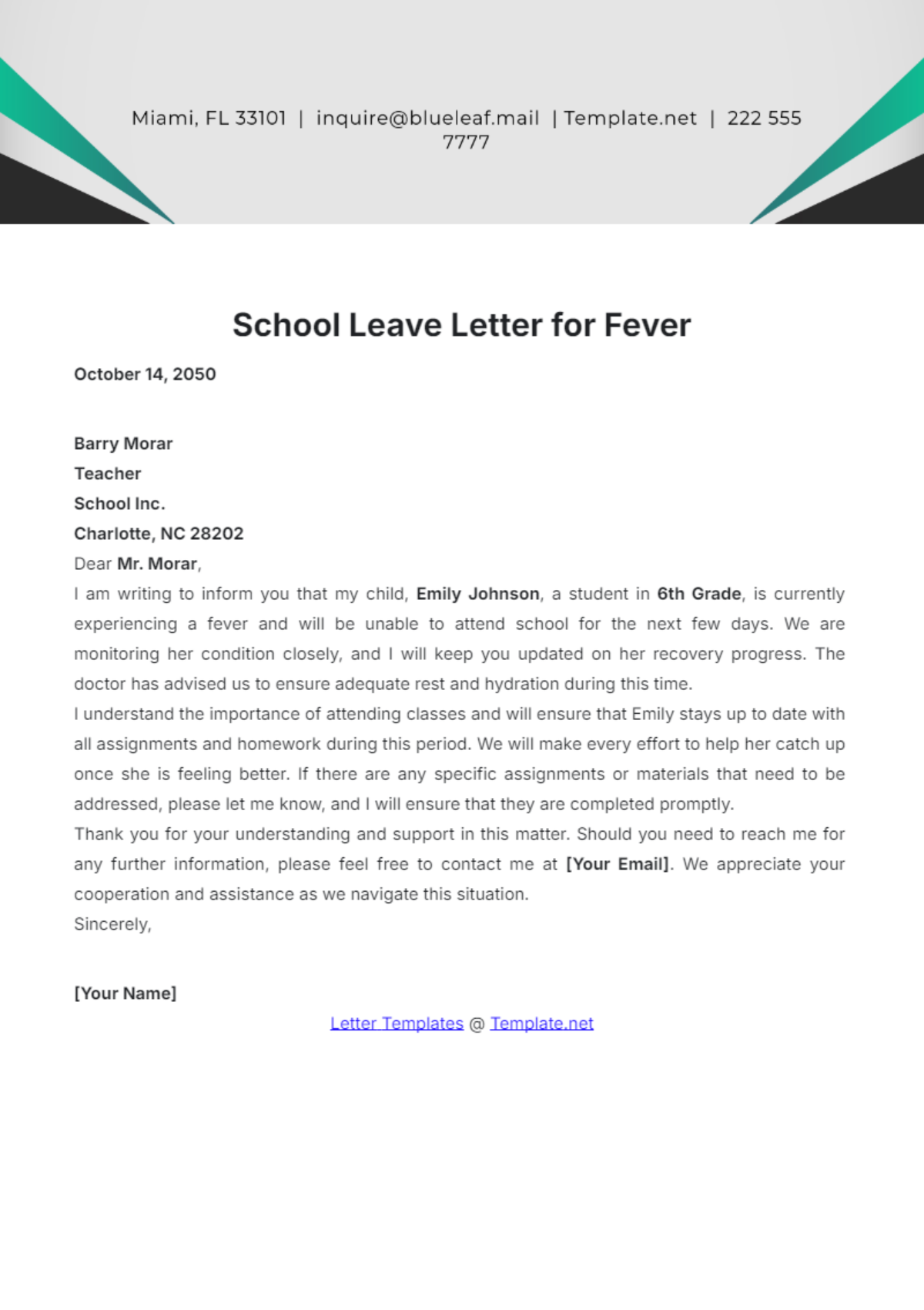 School Leave Letter for Fever Template - Edit Online & Download