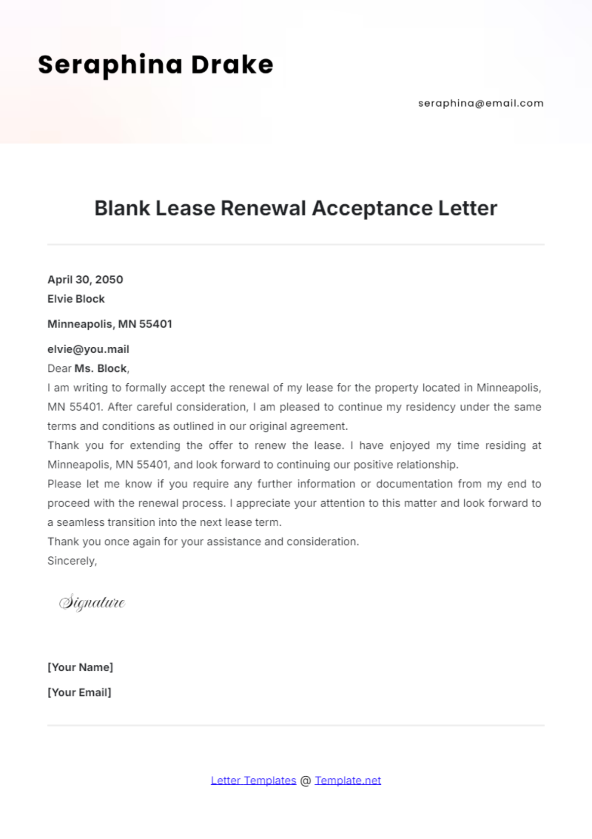 Blank Lease Renewal Acceptance Letter Template - Edit Online & Download