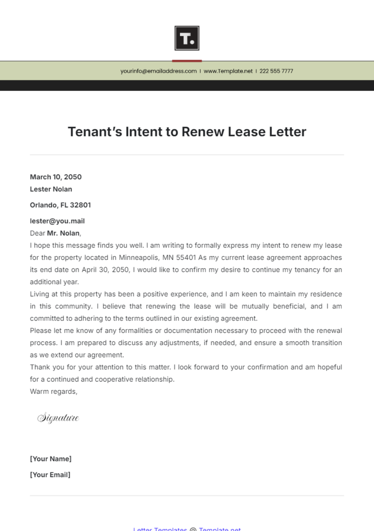 Tenant’s Intent to Renew Lease Letter Template - Edit Online & Download