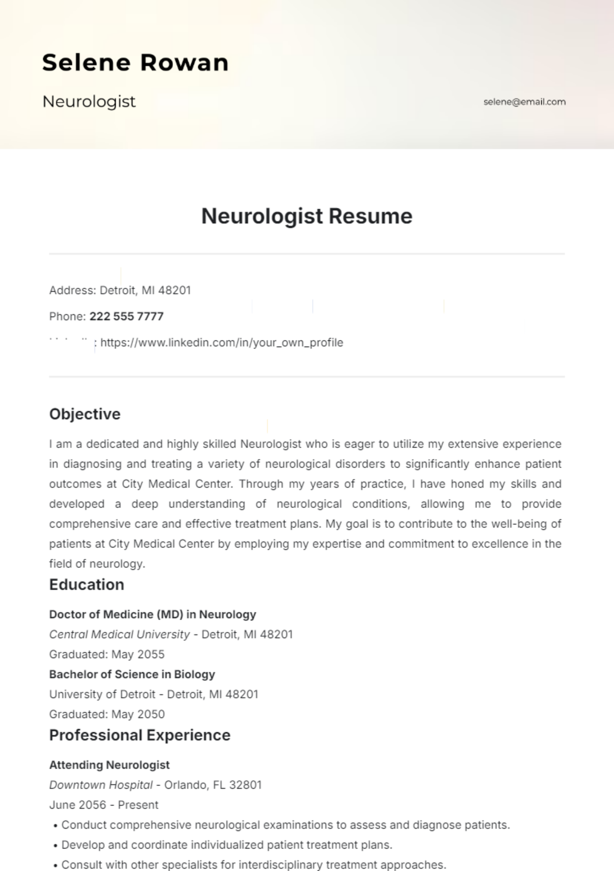 Neurologist Resume Template - Edit Online & Download