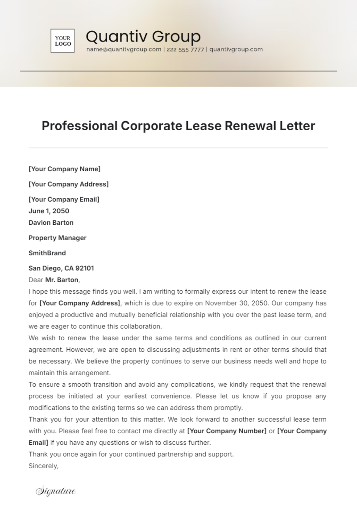 Professional Corporate Lease Renewal Letter Template - Edit Online & Download