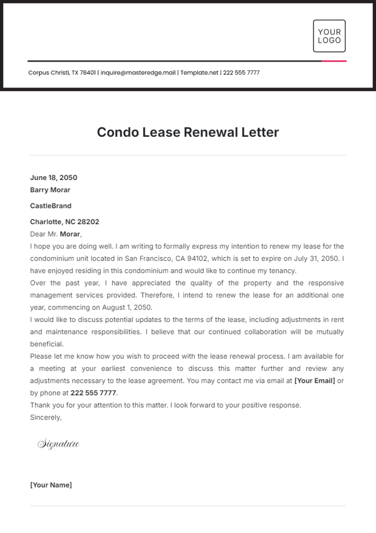 Condo Lease Renewal Letter Template - Edit Online & Download