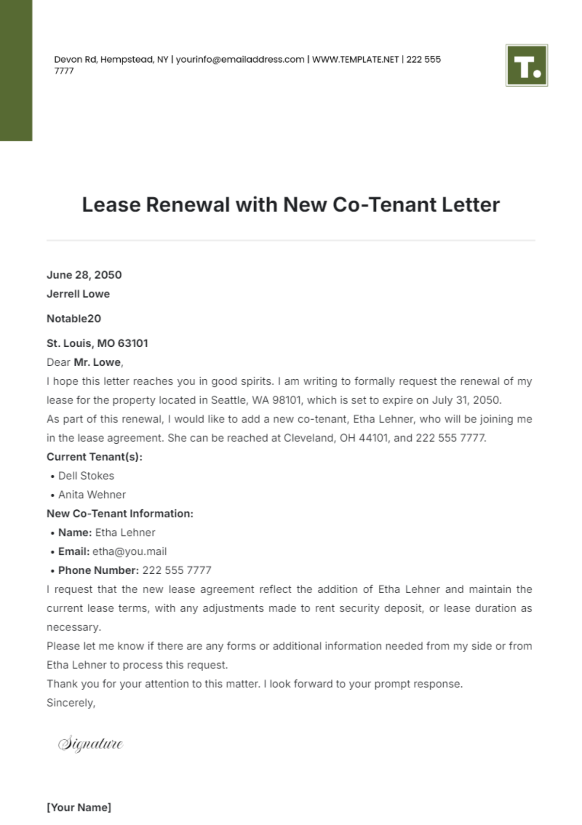 Lease Renewal with New Co-Tenant Letter Template - Edit Online & Download