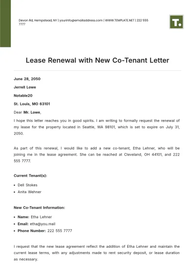 Free Lease Renewal with New Co-Tenant Letter Template to Edit Online