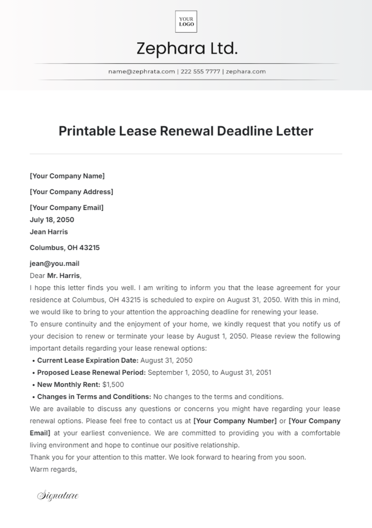 Printable Lease Renewal Deadline Letter Template - Edit Online & Download