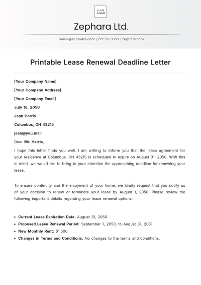 Free Printable Lease Renewal Deadline Letter Template to Edit Online