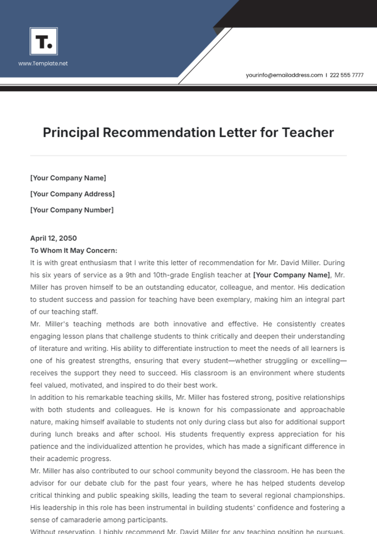 Principal Recommendation Letter for Teacher Template - Edit Online & Download