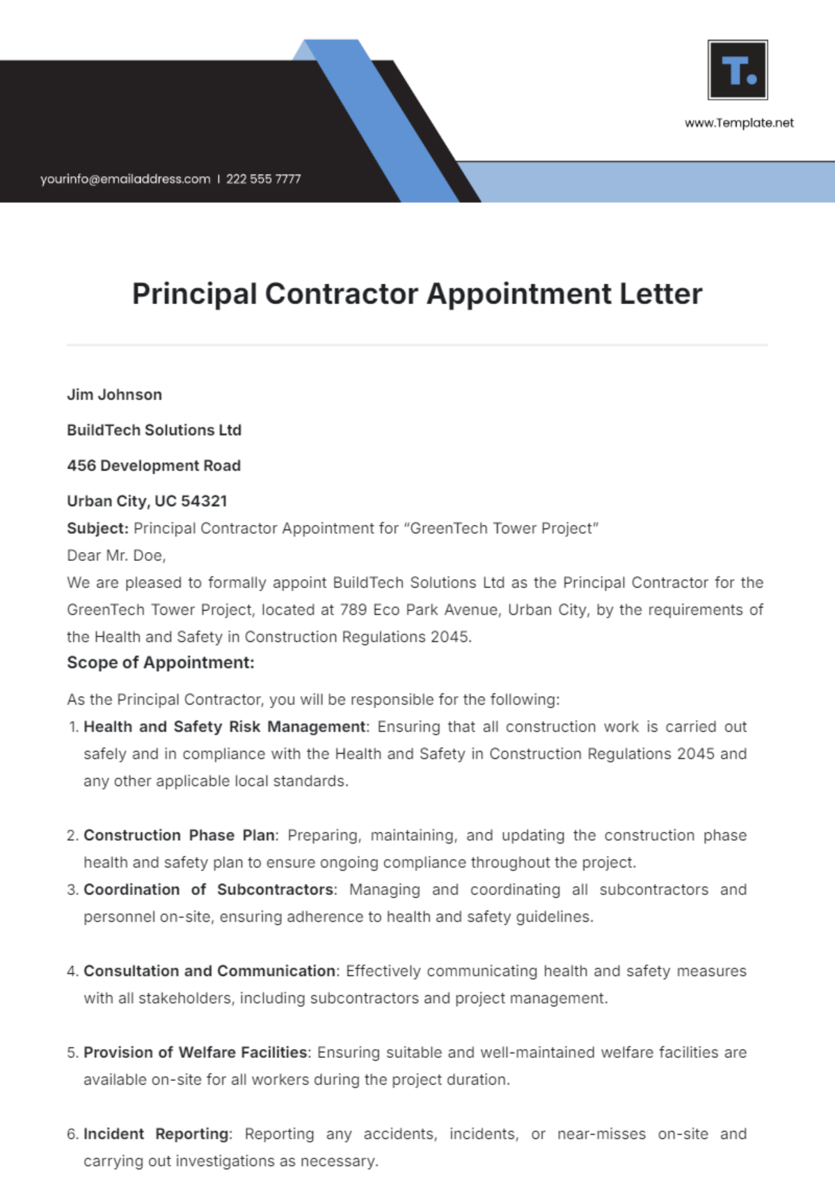 Principal Contractor Appointment Letter Template - Edit Online & Download