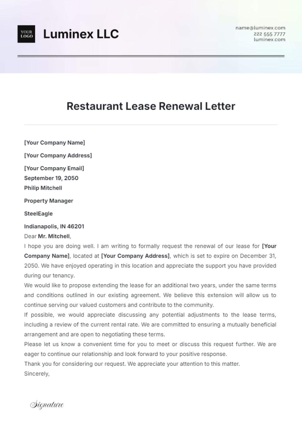 Restaurant Lease Renewal Letter Template - Edit Online & Download