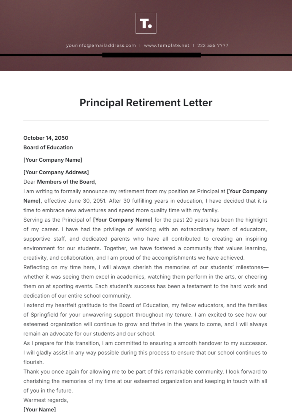 Principal Retirement Letter Template - Edit Online & Download