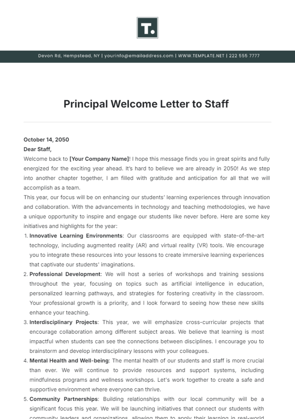 Principal Welcome Letter to Staff Template - Edit Online & Download