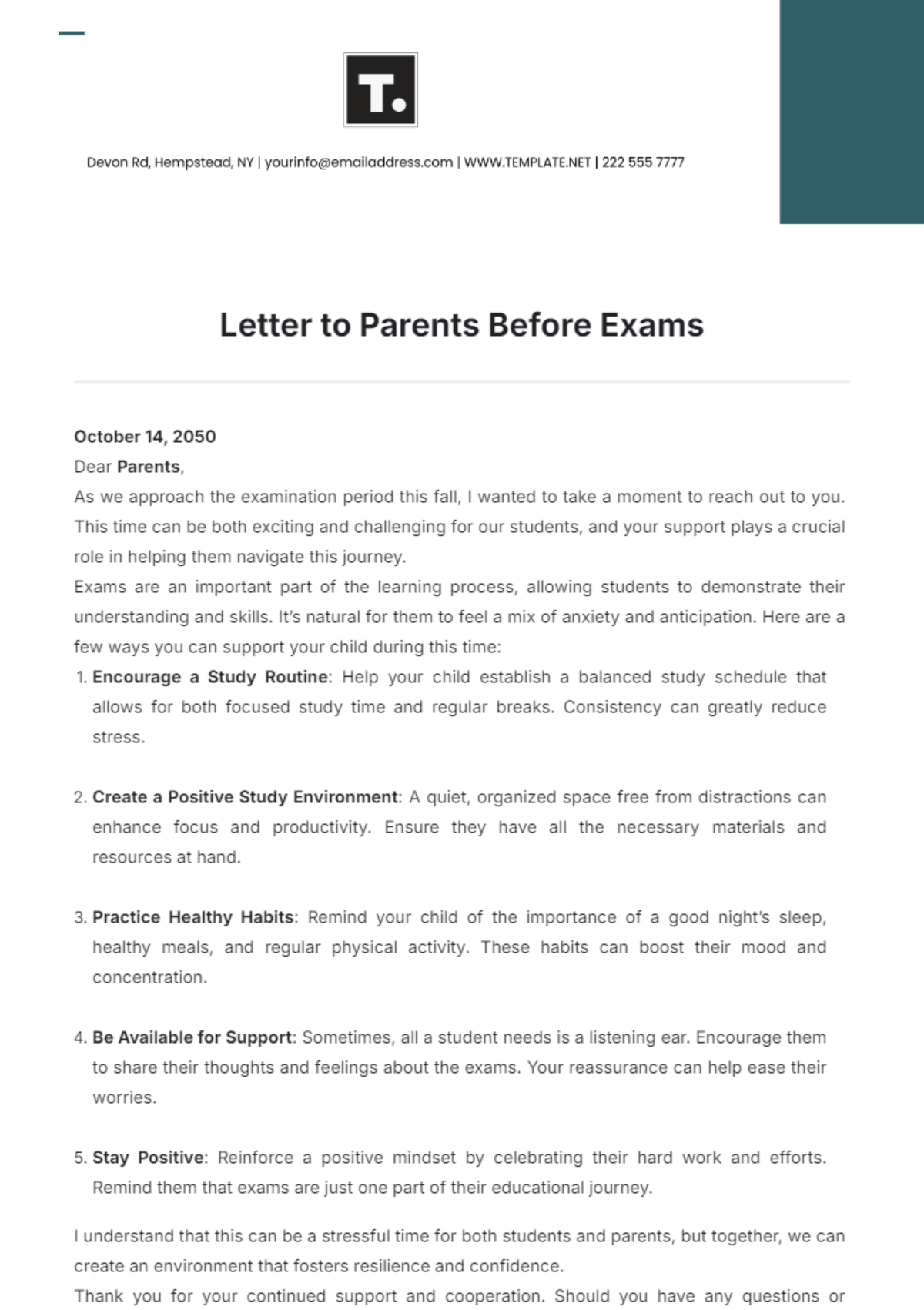 Letter to Parents Before Exams Template - Edit Online & Download