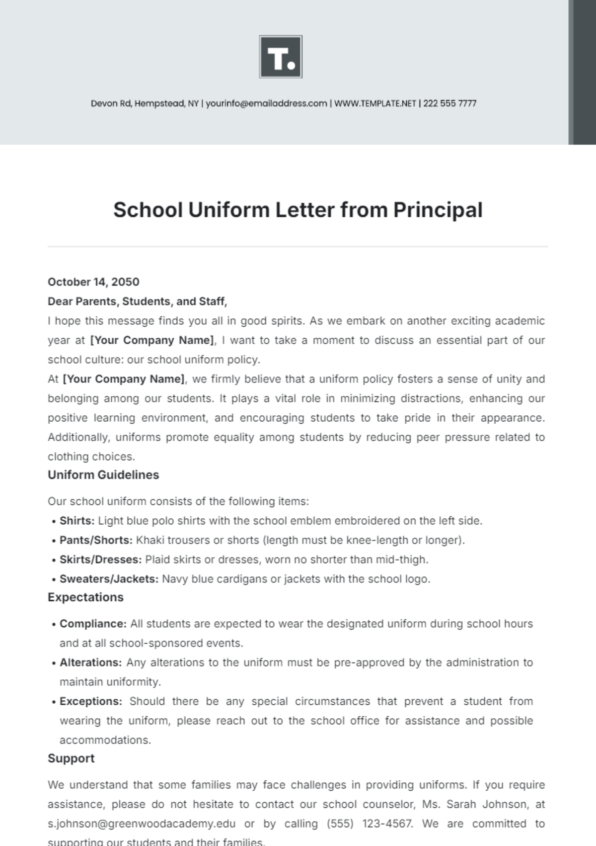 School Uniform Letter from Principal Template - Edit Online & Download