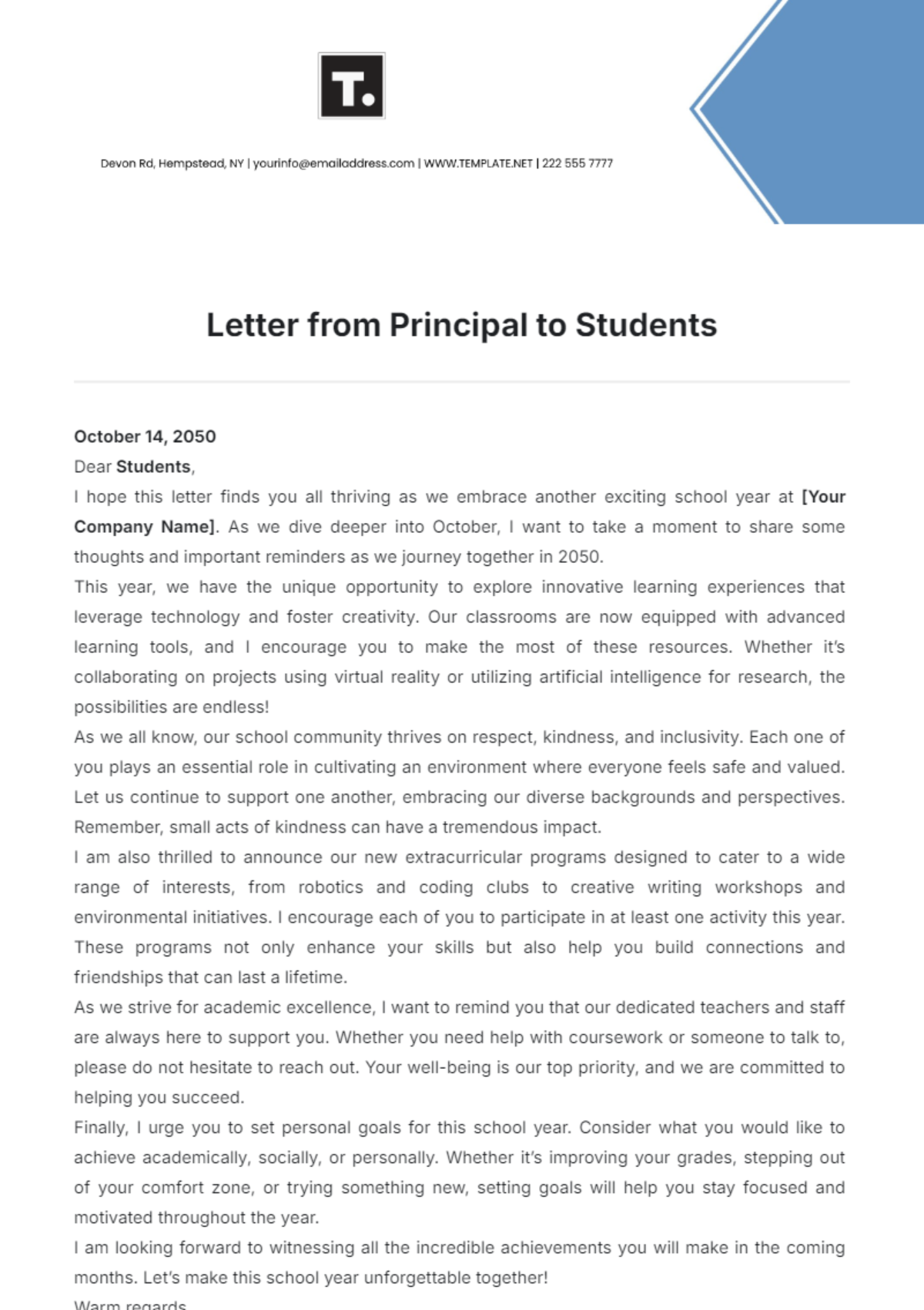 Letter from Principal to Students Template - Edit Online & Download