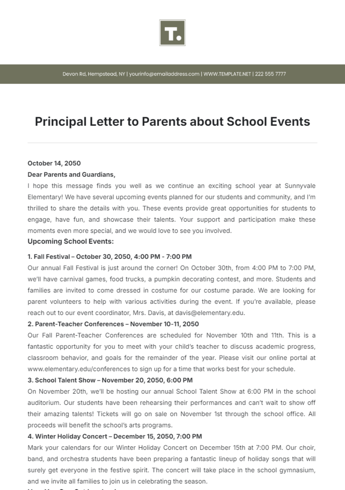 Principal Letter to Parents about School Events Template - Edit Online & Download