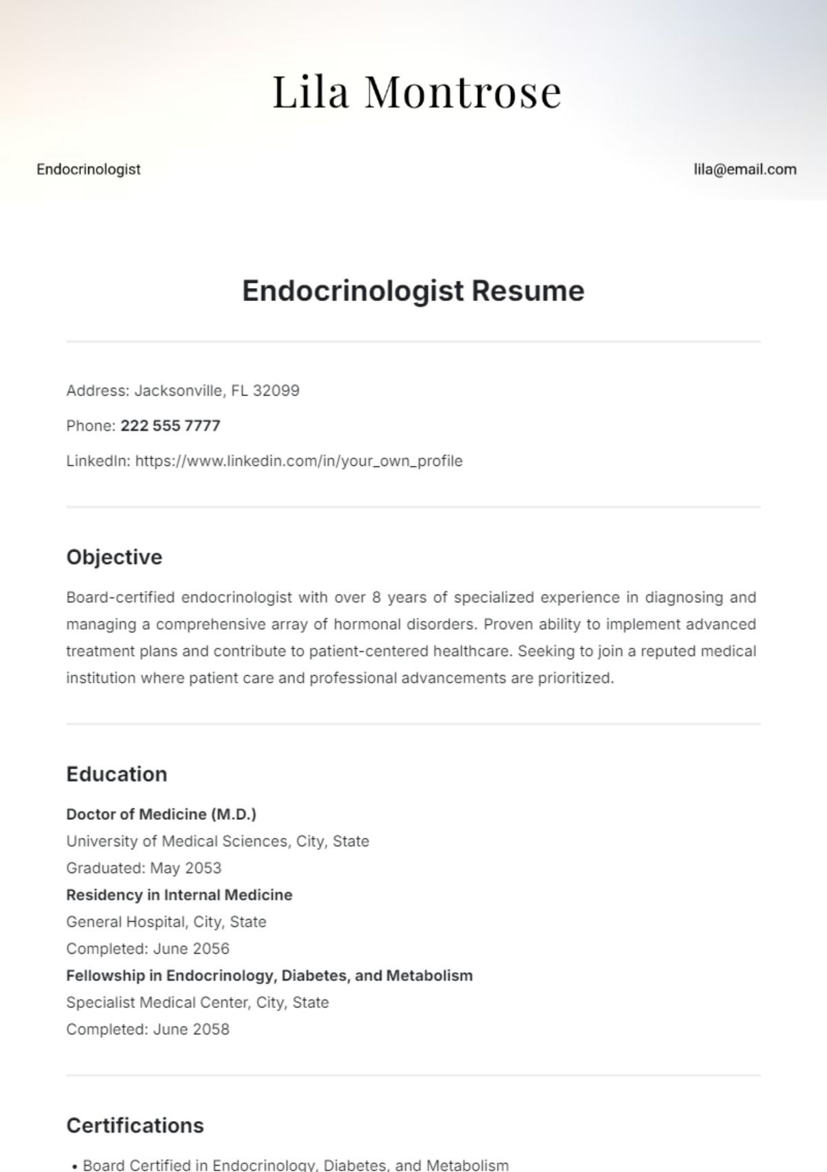 Endocrinologist Resume Template - Edit Online & Download