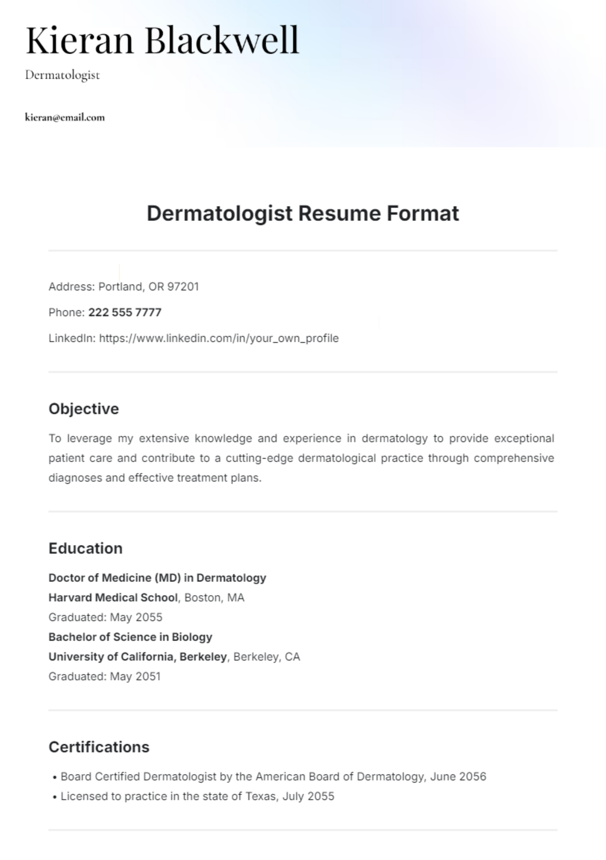 Dermatologist Resume Format Template - Edit Online & Download