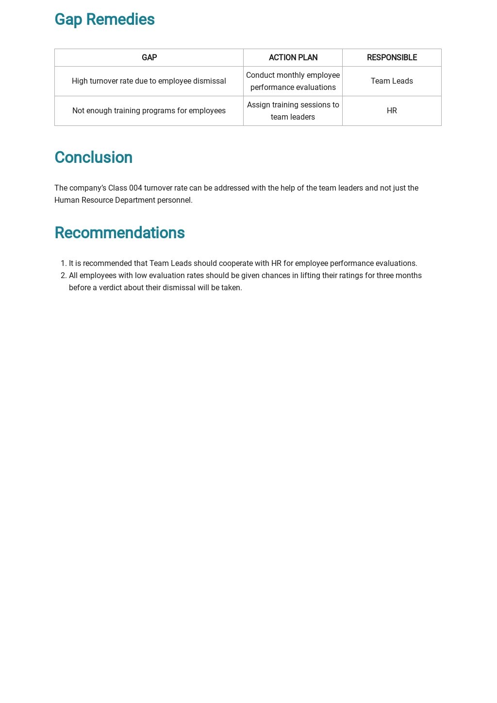 Free Turnover Report Template