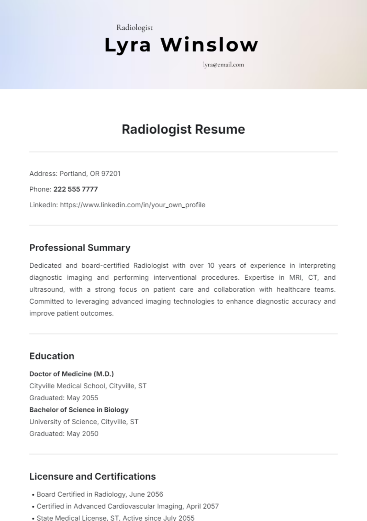 Radiologist Resume Template - Edit Online & Download